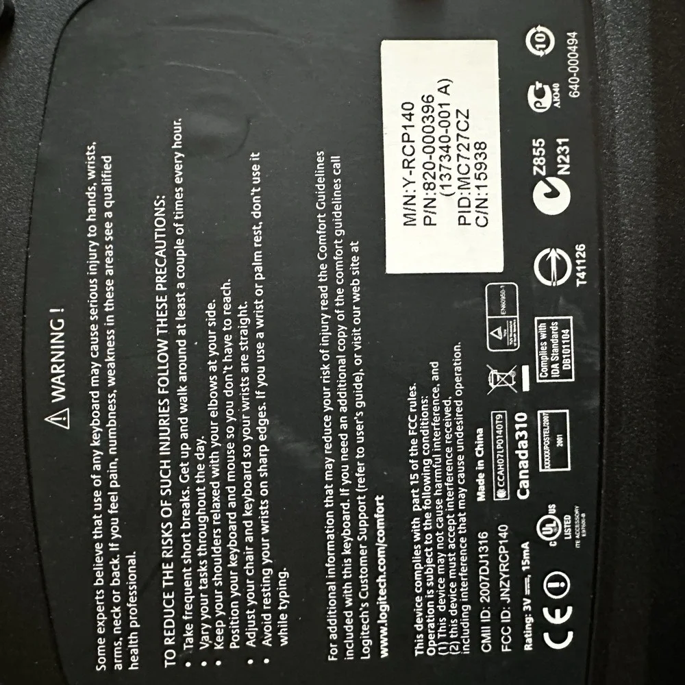 Logitech Wave Y-RCP140 CANADA310 Cordless Keyboard Only No Reciever Tested Works